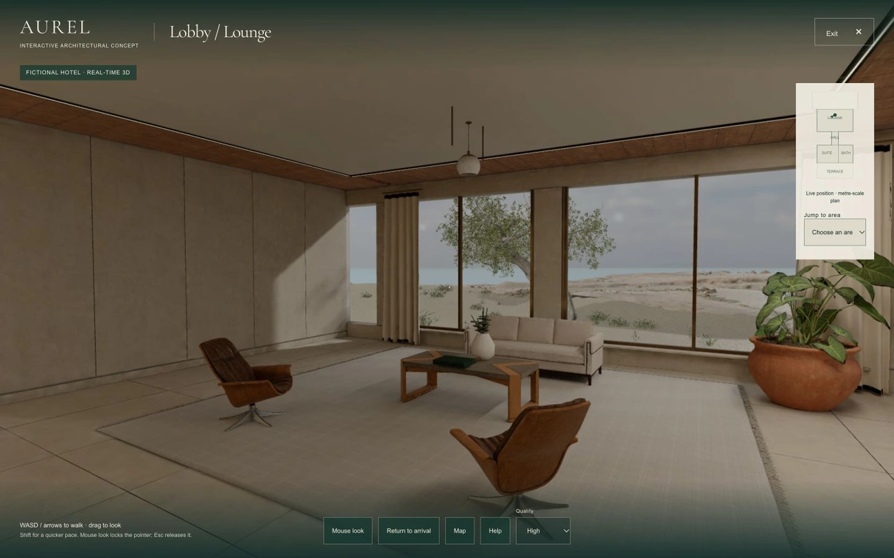 Actual browser view of the connected 3D lounge.