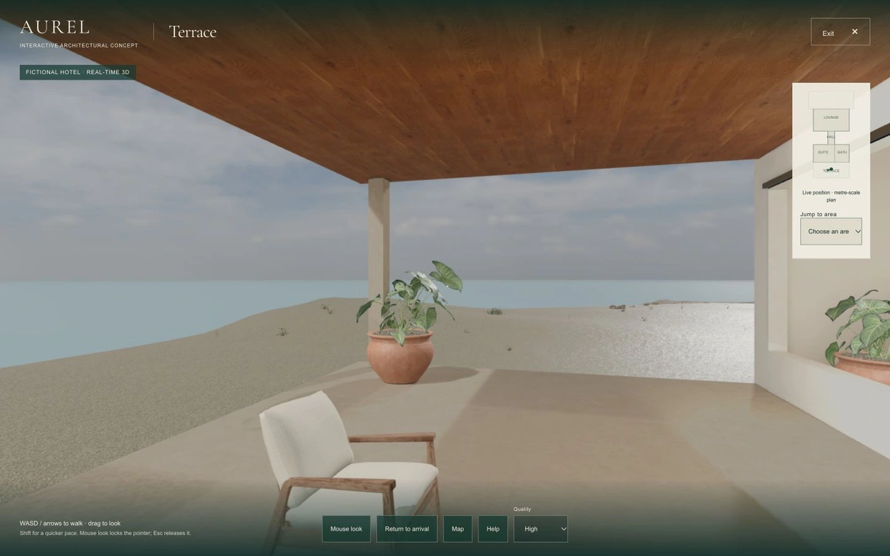 Actual browser view from the outdoor terrace toward the coast.