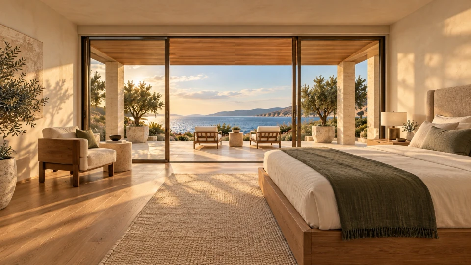 AI-generated concept of a light-filled suite with sheer curtains and an ocean view.